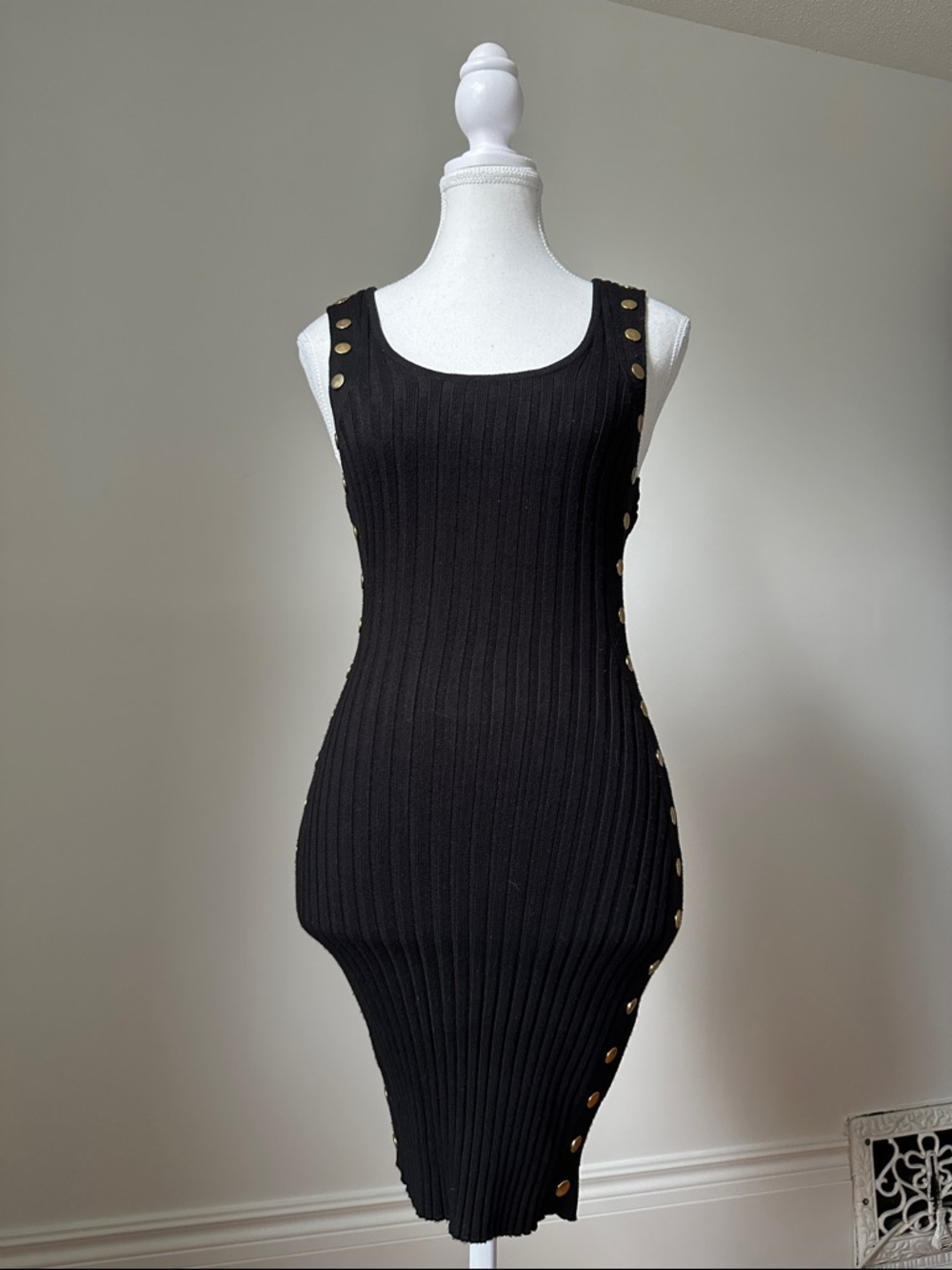 REVAMPED Black Knit Ribbed Bodycon Button Detail Party Midi Dress Size Small